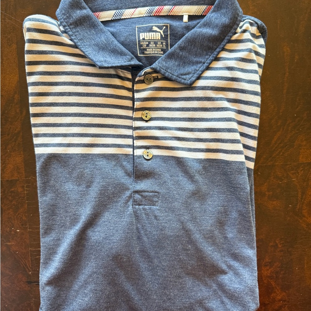 Puma Navy and White Striped Polo Men’s Large